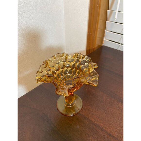 Vintage Fenton Amber Glass Thumbprint Compote Bowl - Picture 3 of 6